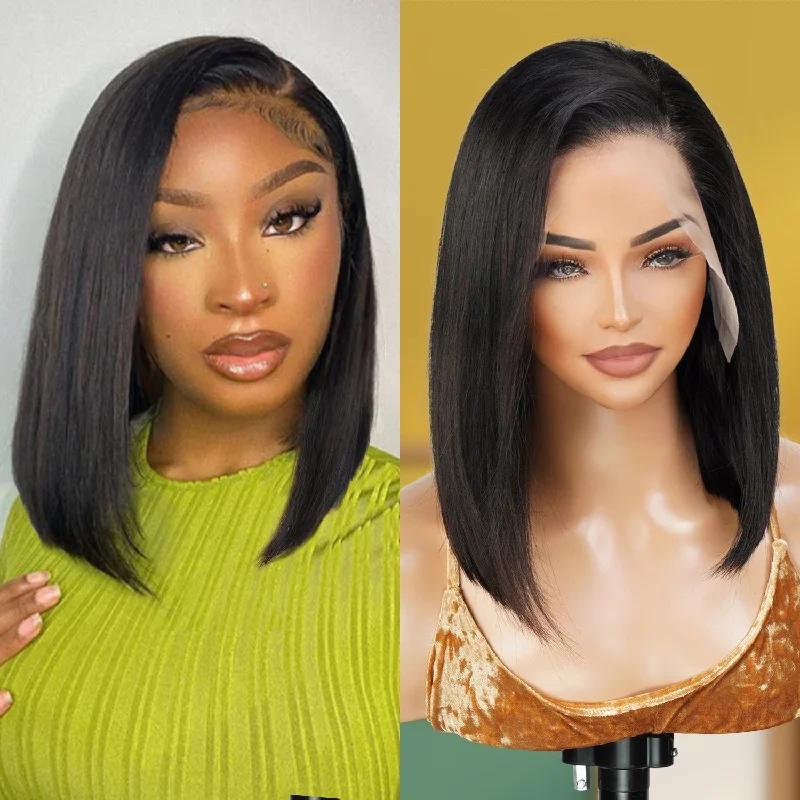 Lace wig with a 13x4 lace frontal for a wide - parting areaUpScale 100% Human Hair Glueless Pre Plucked 13x4 Lace Frontal Wig Bob 12"