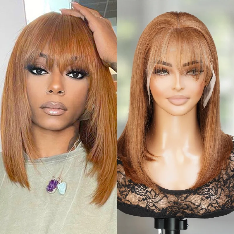 Lace wig with a platinum - blonde color for a bold and trendy lookUpScale 100% Human Hair Glueless Pre Plucked 13x4 Lace Frontal Wig Honey Brown Layered Bob with Bang 14"