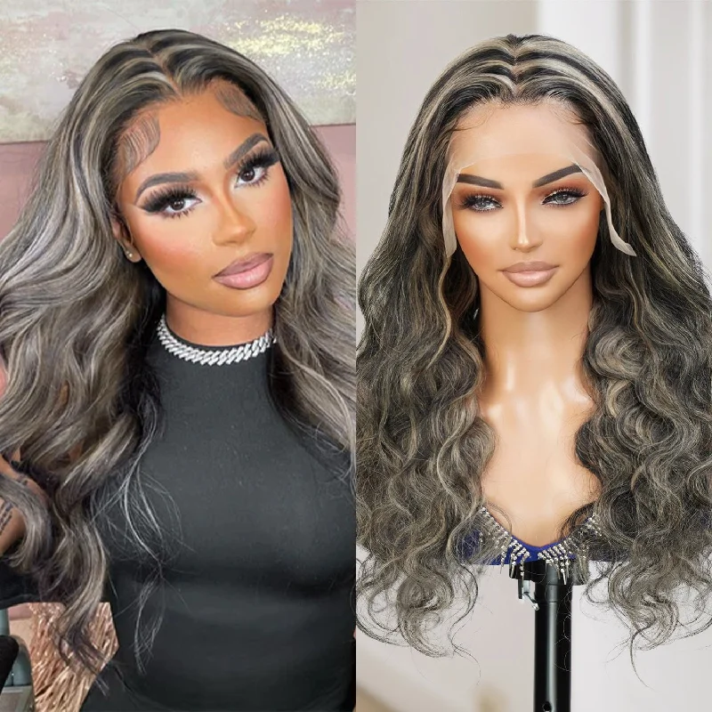 Lace wig with a pre - bleached knot for a natural - looking scalpUpScale 100% Human Hair Glueless Pre Plucked 13x4 Lace Frontal Wig Silver Gray Highlight Body Wave 24"