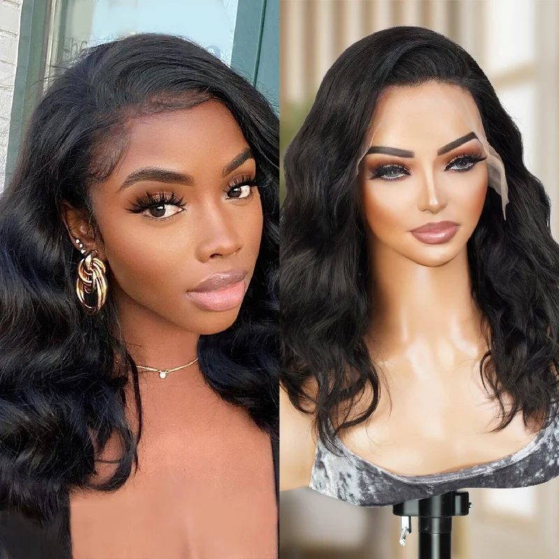 Lace wig with a pre - bleached knot for a natural - looking scalpUpScale 100% Human Hair Pre Plucked 13x4 Lace Frontal Wig Wavy Bob 14"