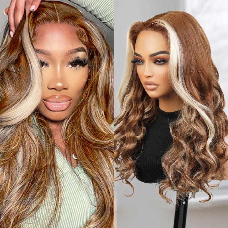 Full - lace wig with a natural - looking hairline for a seamless appearanceUpScale 100% Human Hair Wear and Go Pre Cut Pre Plucked Glueless 5x5 Closure Wig Honey Blonde Highlight Body Wave 20"