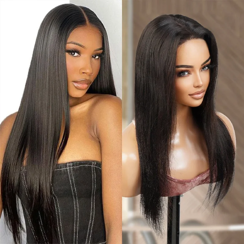 Lace wig with a pre - bleached knot for a natural - looking scalpUpScale 100% Human Hair Wear and Go Pre Cut Pre Plucked Glueless 5x5 Closure Wig Straight 18"