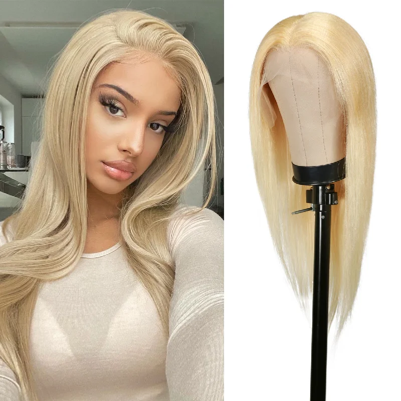 Full - lace wig with a natural - looking hairline for a seamless appearanceUpScale 100% Unprocessed Brazilian Virgin Remy Human Hair 13x4 HD Lace Frontal Wig 613 Blonde Straight