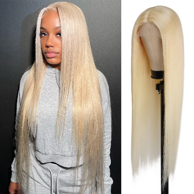 Lace wig with a wavy texture for a beachy lookUpScale 100% Virgin Human Hair 5" T Part Lace Wig 613 Blonde Straight