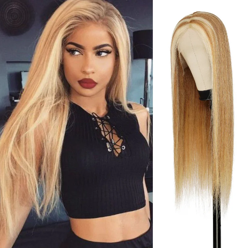 Lace wig with a 13x4 lace frontal for a wide - parting areaUpScale 100% Virgin Human Hair T Part Fancy Color Lace Wig 27/613 Honey Blonde Highlight Straight 24"