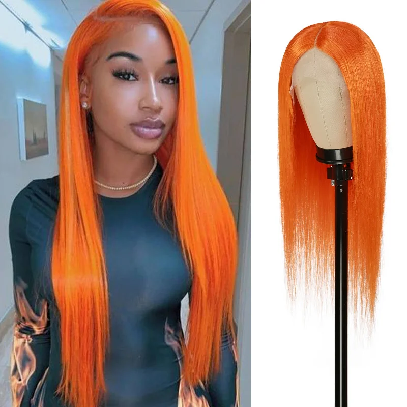 Lace wig with a wispy fringe for a soft and feminine lookUpScale 100% Virgin Human Hair T Part Fancy Color Lace Wig Orange Straight 24"