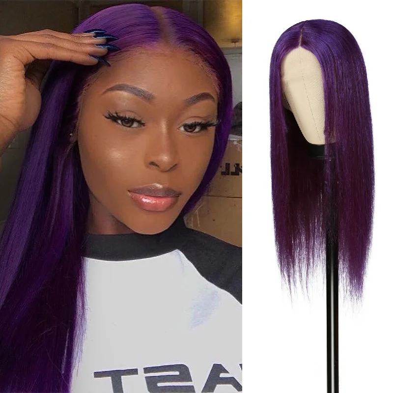 Lace wig with a 13x4 lace frontal for a wide - parting areaUpScale 100% Virgin Human Hair T Part Fancy Color Lace Wig Purple Straight 24"