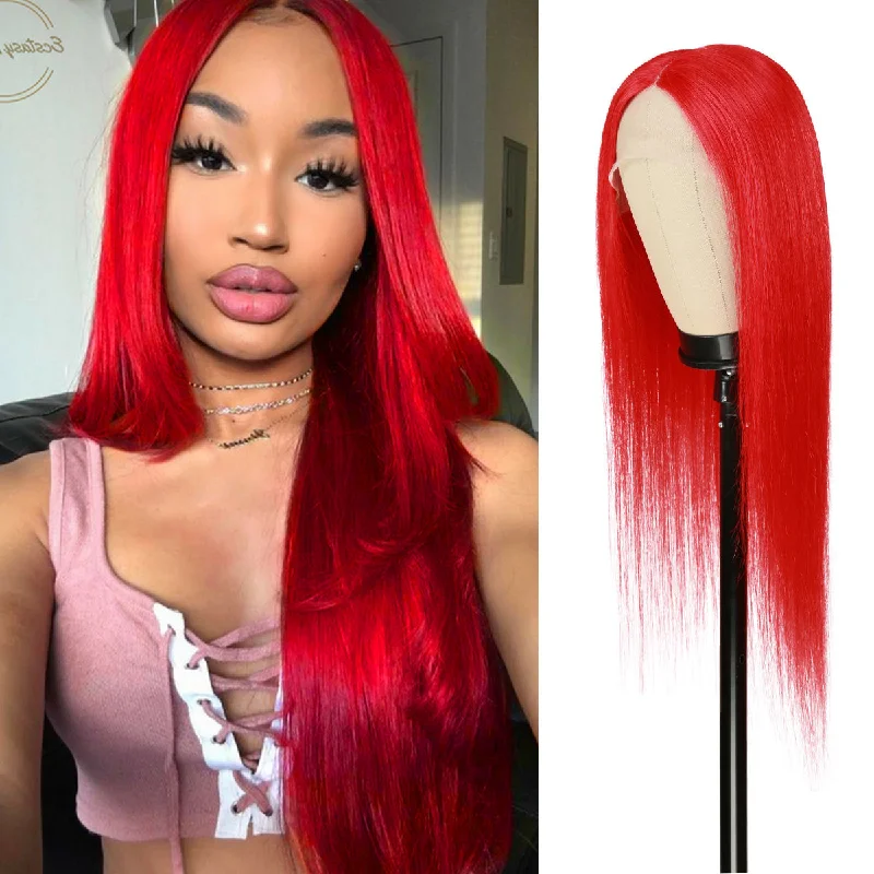 Lace wig with a natural - looking root for a more realistic lookUpScale 100% Virgin Human Hair T Part Fancy Color Lace Wig Red Straight 24"