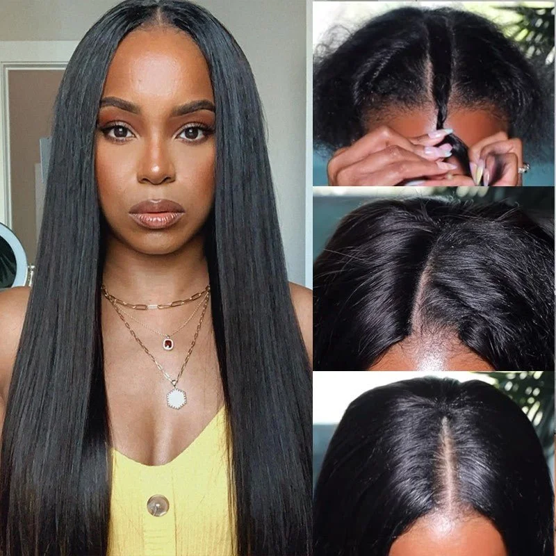 Human - hair wig with a straight texture for a sleek and minimalist lookNO SKILL NEED!! Beginner Friendly V Part Straight Human Hair Wig No Leave Out Upgrade U Part Wig