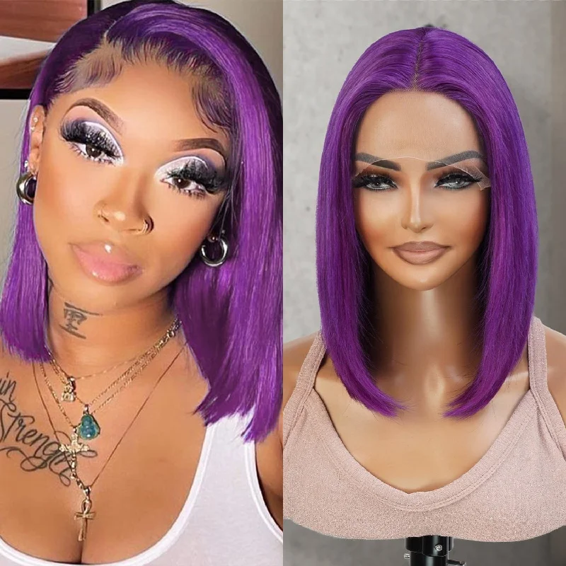 Lace wig with a middle - part for a classic and elegant styleVirgin Brazilian Remy Human Hair HD Lace Front Wig 13X5 T-Part Purple Bob