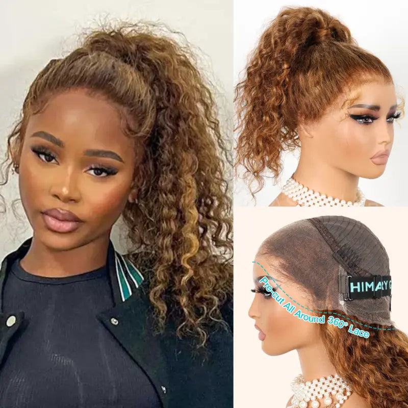 Lace wig with a wavy texture for a beachy lookWater Wave Highlight Ombre Color Invisi Strap Snug Fit 360 Skin Lace Frontal Wig Glueless Human Hair