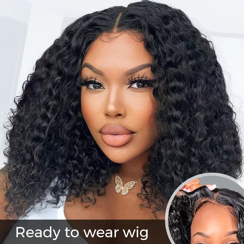 Lace wig with a silk - base cap for a comfortable and smooth feelReady-to-wear Glueless Short Deep Wave HD Transparent Lace Wig With Pre-cut Lace & Pre Plucked Hairline & Bleached Knots