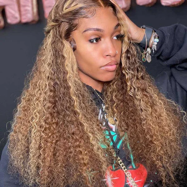 Synthetic lace wig with a heat - resistant formulaWear & Go Loose Jerry Curly Honey Blonde Highlight 7x5 HD Pre-cut Lace Pre-bleached Tiny Knots Glueless Lace Closure Wig  [PL08]