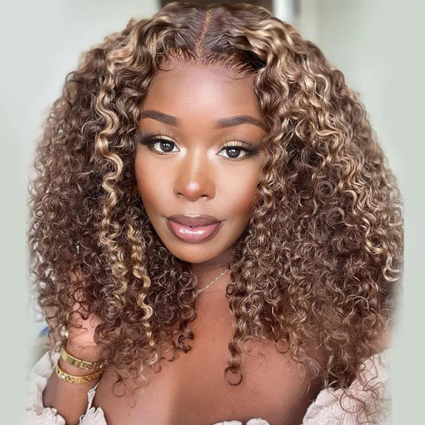 Human - hair lace wig for a luxurious and natural feelWear & Go Loose Kinky Curly Honey Blonde Highlight 7x5 HD Pre-cut Lace Pre-bleached Tiny Knots Glueless Lace Closure Wig  [PL07]