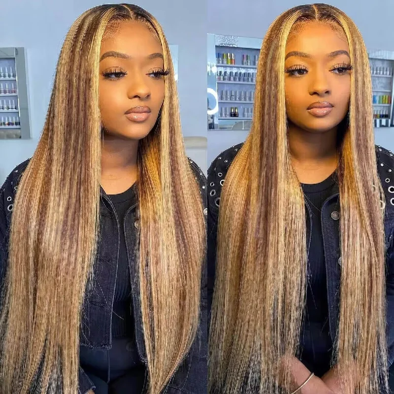 Lace wig with a pre - plucked hairline for a more natural lookWear & Go Silky Straight Honey Blonde Highlight 6x4 HD Pre-cut Lace Pre-bleached Tiny Knots Glueless Lace Closure Wig  [PL09]