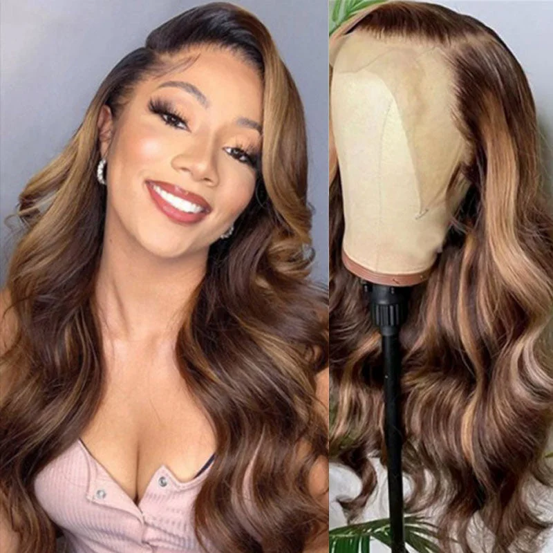 Human - hair wig with a side - part for a more flattering appearanceWesface Body Wave P4/27 Color 13x6 Transparent Lace Front Highlight Ombre Brown Honey Blonde Wigs