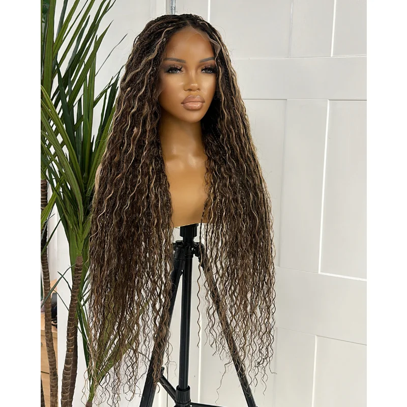 Peruvian - human - hair wig with a soft and manageable feelBrown Blonde Mix Long  Knotless Boho Braids  Lace  Wig -ZIZI