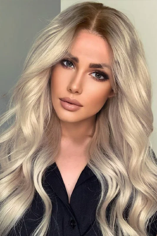 Colored wig with a silver - grey color for a trendy and cool - toned lookWave Lace Front Synthetic Wigs in Gold 26" Long