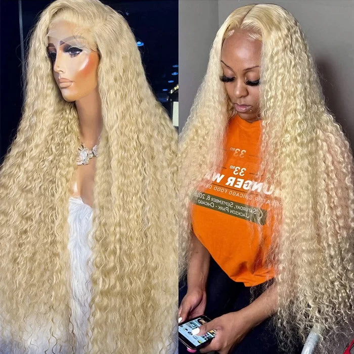 Colored wig with a 150 - density for a full and thick appearance613 Blonde Color Kinky Curly Wig 13x4 Lace Frontal Wig Glueless Human Hair Honey Blonde Wigs