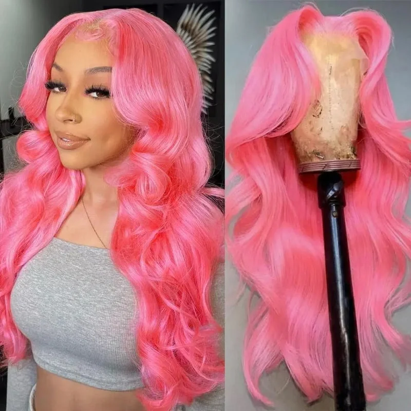 Adjustable - cap colored wig for a comfortable fit13x4 Pink Body Wave Lace Front Wig 30 Inch Pre-plucked Body Colored Human Hair Wigs Glueless Body Wave Wig Barbie Hair Style