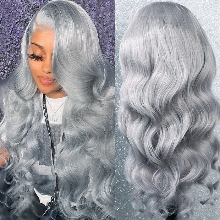 Colored wig with a blue - green ombre effect for a unique and trendy appearance13x4 Body Wave Wig Silver Color 100% Transparent HD Lace Human Hair Wigs Glueless Body Wave Wigs