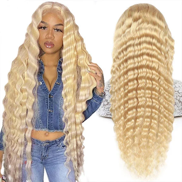 Colored wig with a straight texture for a sleek and minimalist lookLong 40 Inch 613 Blonde Hair Wig Loose Deep Wave 13x4 Lace Front Glueless Long Wigs