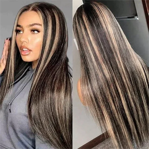 Colored wig with a curly texture for a bold and stylish choice13x4 Lace Frontal Wig 1B/27 Highlight Black Blonde Straight Wigs Pre-plucked Glueless Straight Human Hair Wig