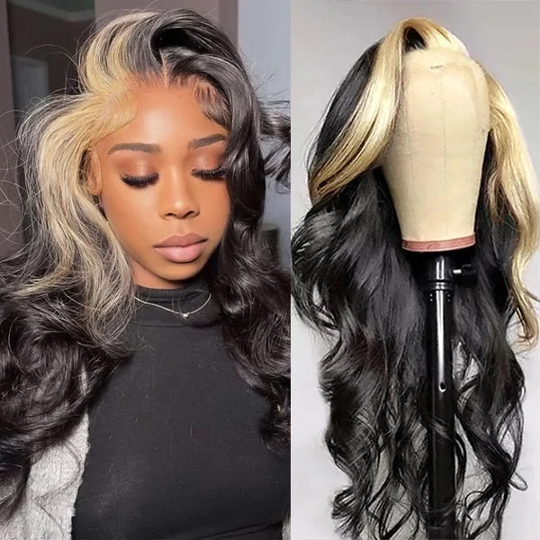 Colored wig with a silk - base cap for a comfortable and smooth feel13x4 Lace Front Wig Skunk Stripe Wig with Honey Blonde Glueless Body Wave Human Hair Lace Frontal Wig