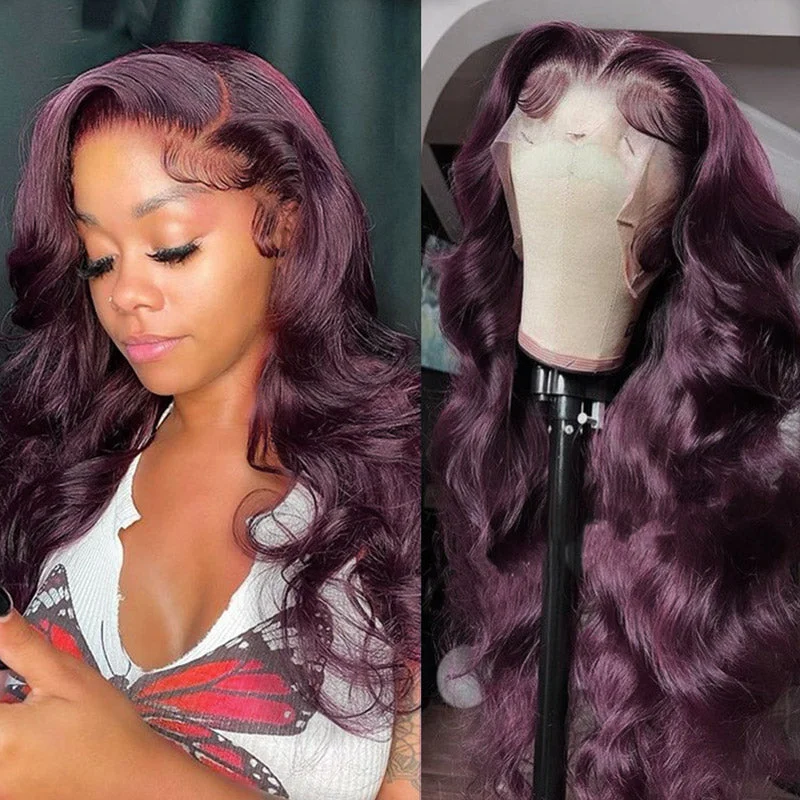 Colored wig with a side - swept bang for a sophisticated lookDark Purple 13x4 Lace Front Body Wave Human Hair Wigs with Pre-plucked Glueless Wigs