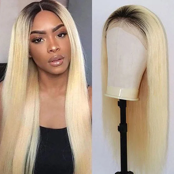 Human - hair colored wig for a natural and luxurious feelGlueless Wig 13x4 Ombre Straight Lace Front Wig T1B/613 Full Lace Frontal Wigs Pre Plucked Colored Human Hair Wigs