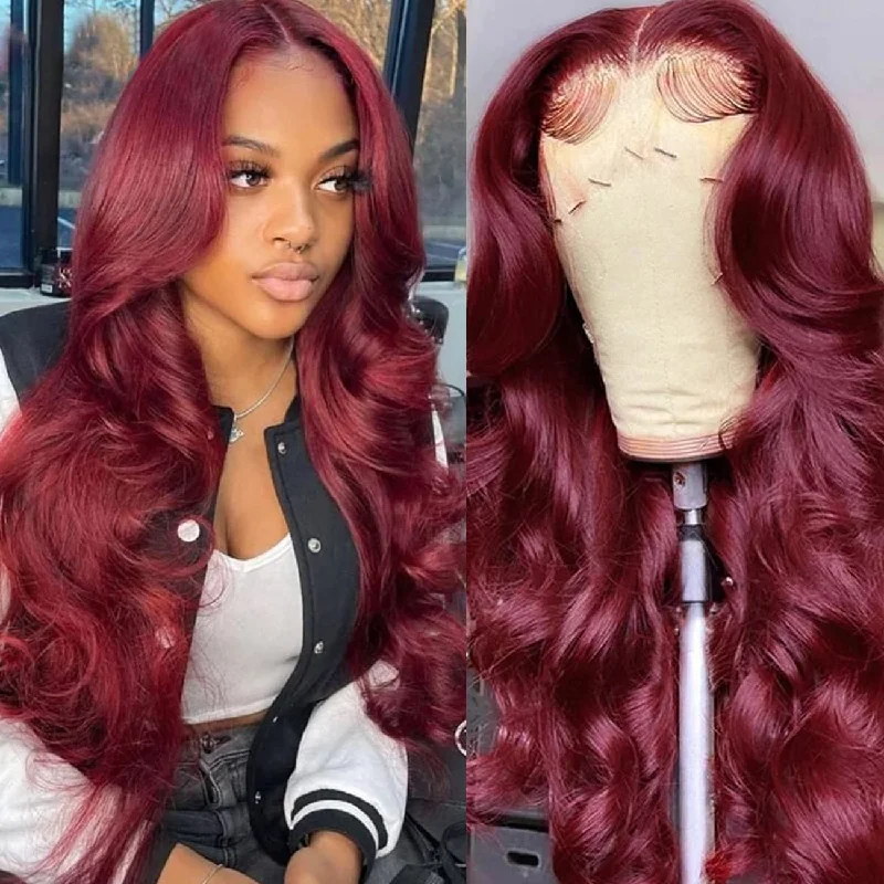 Colored wig with a side - swept bang for a sophisticated look13X4 Lace Front Wig 99J Brazilian Body Wave Wig 150 Density