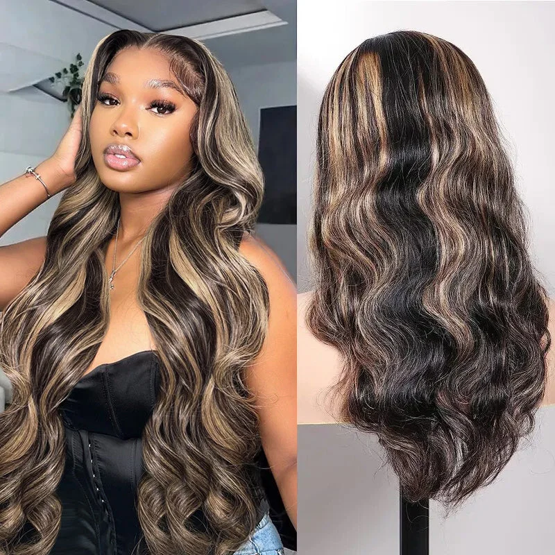 Colored wig with a 150 - density for a full and thick appearanceHoney Blonde Highlights 13x6 Body Wave Lace Front Wig Transparent Lace Pre Plucked P1B/27 Color