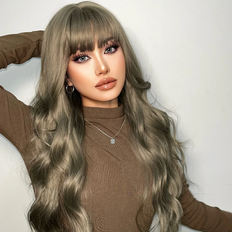 Colored wig with a wavy texture for a beachy and fun look22 Inches Natural Waves With Bangs Synthetic Wig  - Danica