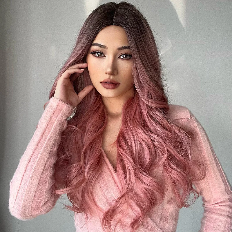 Colored wig with a curly texture for a bold and stylish choice23 Inches Loose Curls Synthetic Wig Dusty Pink