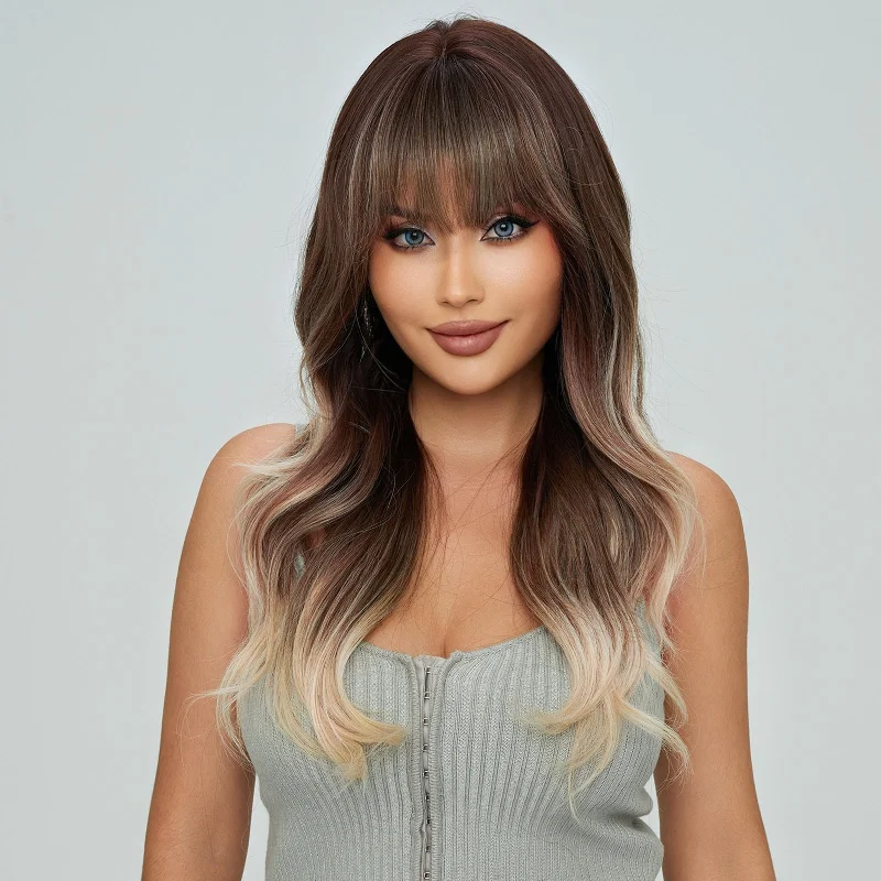 Colored wig with a pre - bleached knot for a natural - looking scalp22 Inches TOFFEE Waves With Bangs Synthetic Wig - Honey