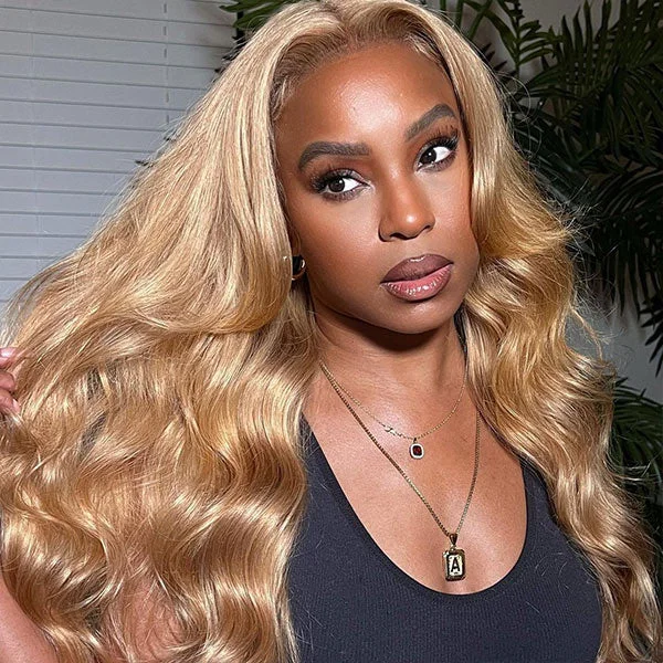 Colored wig in a vibrant pink color for a bold and eye - catching look#27 Honey Blonde Body Wave Wear Go Glueless Wigs 4x6 Pre-cut Lace Closure Wig