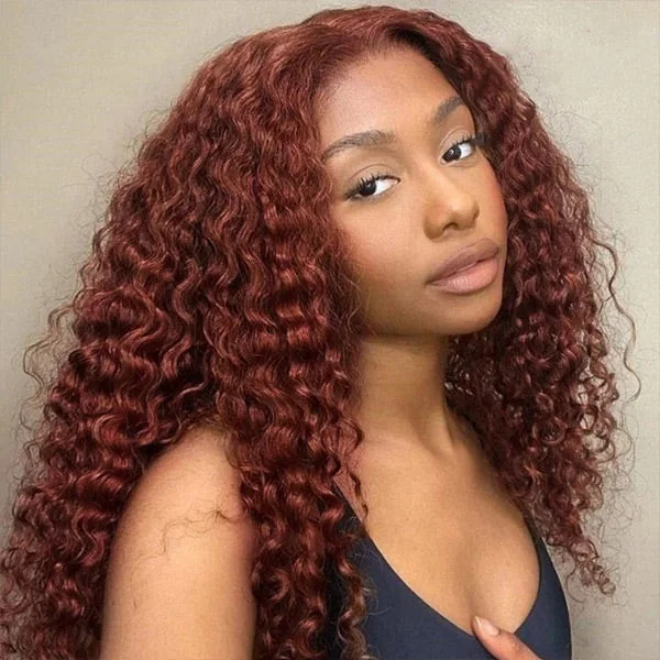 Colored wig with a side - part for a more flattering appearance#33 Reddish Brown Deep Wave Wear Go Glueless Wigs Pre-cut Lace Wigs