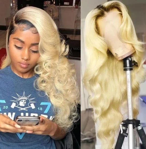 Synthetic colored wig with a heat - resistant formula for easy styling613 Honey Blonde Wig Body Wave Lace Frontal Wig 13x4 Lace Front Wig 150% Density