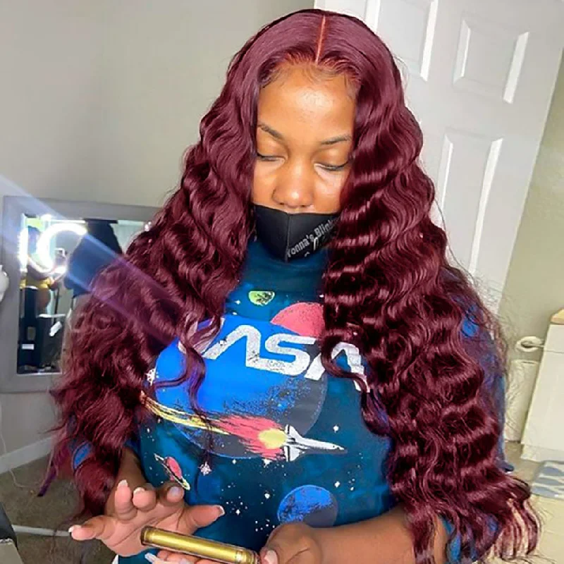 Colored wig with a blue - green ombre effect for a unique and trendy appearance99J Burgundy Deep Wave 13X4 Lace Front Wig