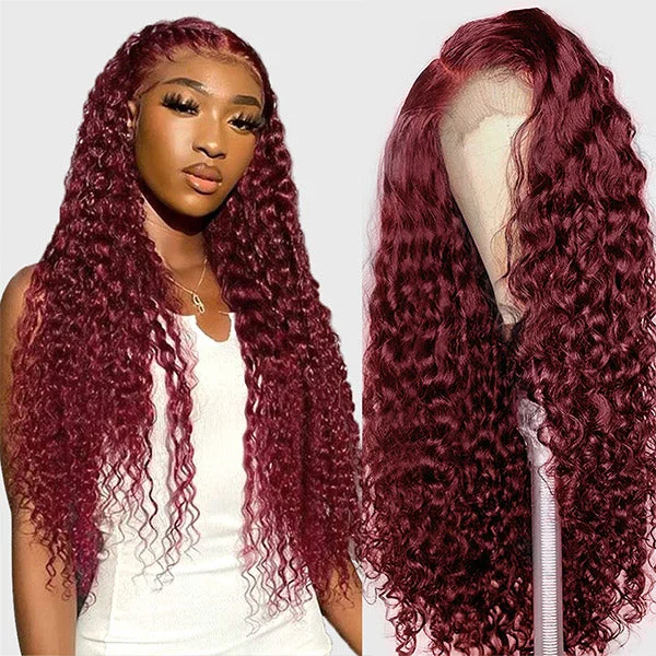 Colored wig with a wavy texture for a beachy and fun look32inch 99J Wear and Go Deep Curly Wig Burgundy Colored Human Hair Wig Pre-plucked HD Lace Front Wigs Glueless Deep Wave Wig