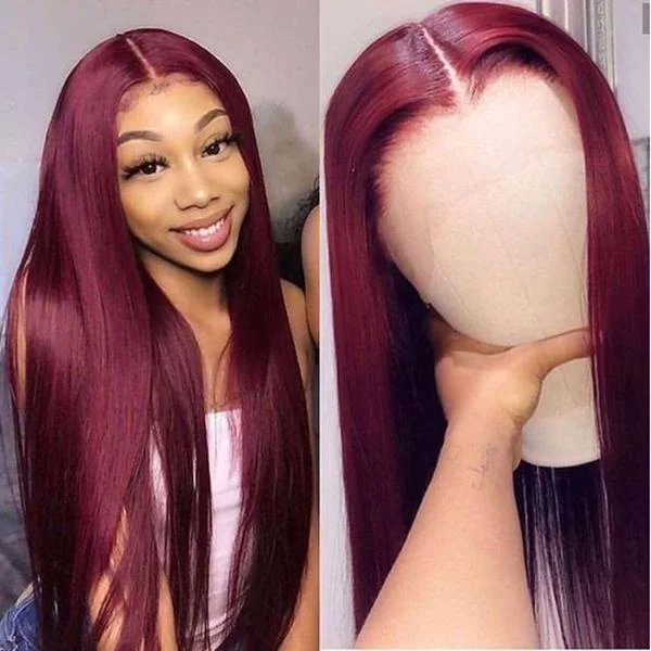 Colored wig with a straight texture for a sleek and minimalist look99J Middle Part Transparent Lace Part Wig Burgundy Wig Colored Human Hair Wigs Glueless Wigs