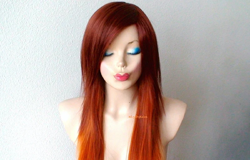 Colored wig with a side - part for a more flattering appearance28" Auburn Ginger Red Ombre Long Straight Layered Hair Long Side Bangs Wig