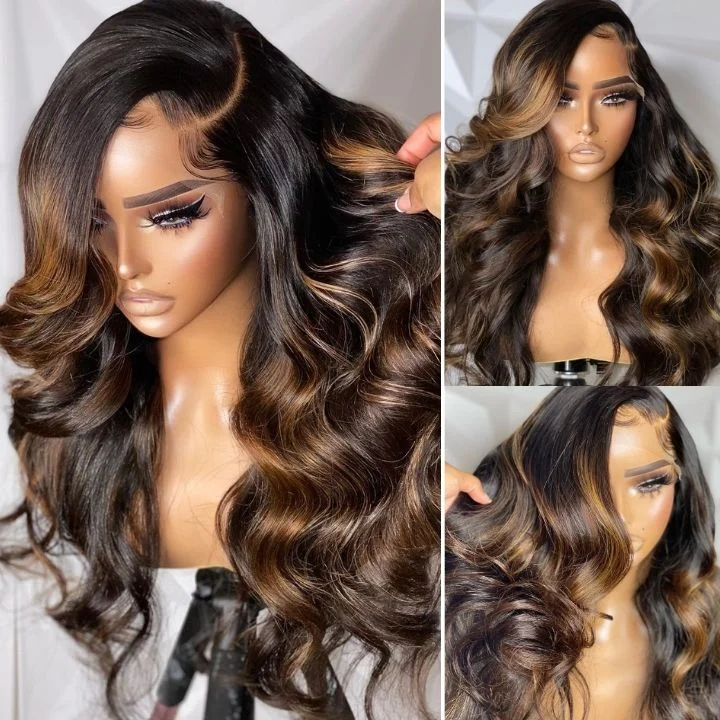 Colored wig with a silver - grey color for a trendy and cool - toned lookBalayage Light Brown Glueless Transparent Lace Closure Body Wave Wigs Human Hair 13x4 Lace Part Highlight Colored Wig-Amanda Hair