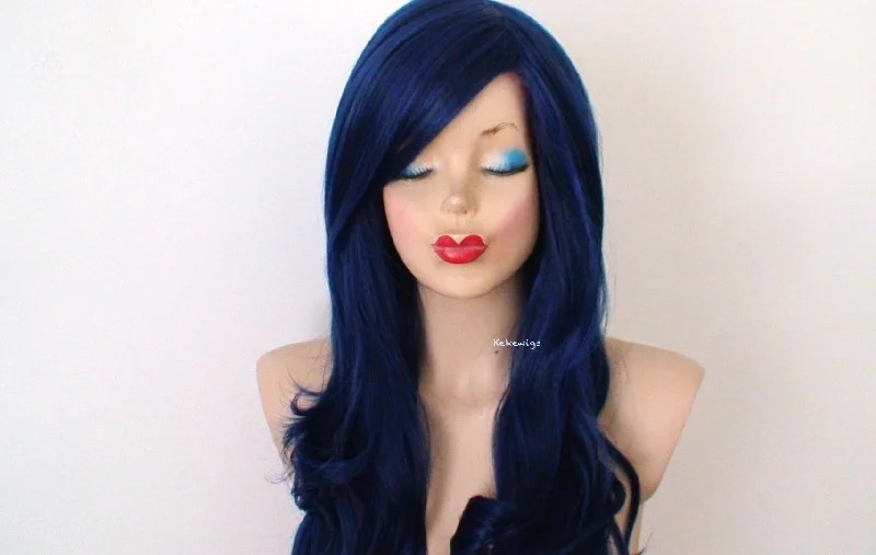 Colored wig with a straight texture for a sleek and minimalist look26" Black Blue Long Curly Hair Side Bangs Wig