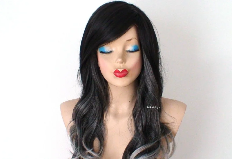 Colored wig with a purple - violet shade for a regal and elegant look26" Black Gray Ombre Long Wavy Hairstyle Side Bangs Wig