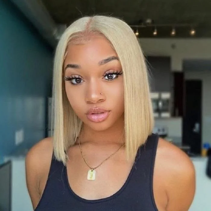 Colored wig with a wispy fringe for a soft and feminine lookBlonde 613 Straight Bob Wig Short Wig Lace Frontal Human Hair