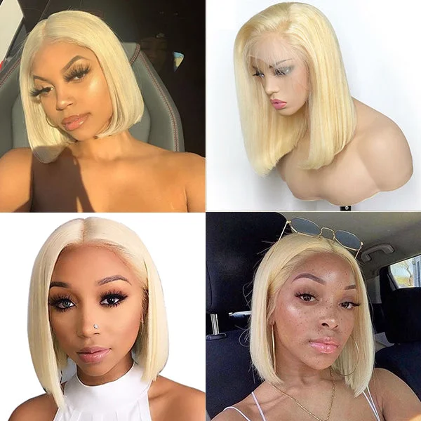 Colored wig with a red - orange hue for a warm and energetic lookBlonde 613 Straight Bob Wig,Short Wig Middle Part Lace Frontal Human Hair