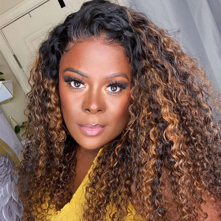 Colored wig with a pre - plucked hairline for a more natural lookBlonde Balayage Curly Hair Dark Roots 13x4 Highlight Lace Front Wigs 180% Density Colored Wigs