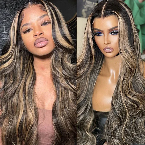 Human - hair colored wig for a natural and luxurious feelBlonde Highlight Body Wave Lace Front Human Hair Wig Hightlight 1B/27 13x4 HD Lace Frontal Wigs Glueless Wig