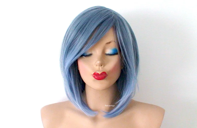 Colored wig with a wavy texture for a beachy and fun look16" Pastel Blue Ombre Short Straight Hair with Side Bangs Wig